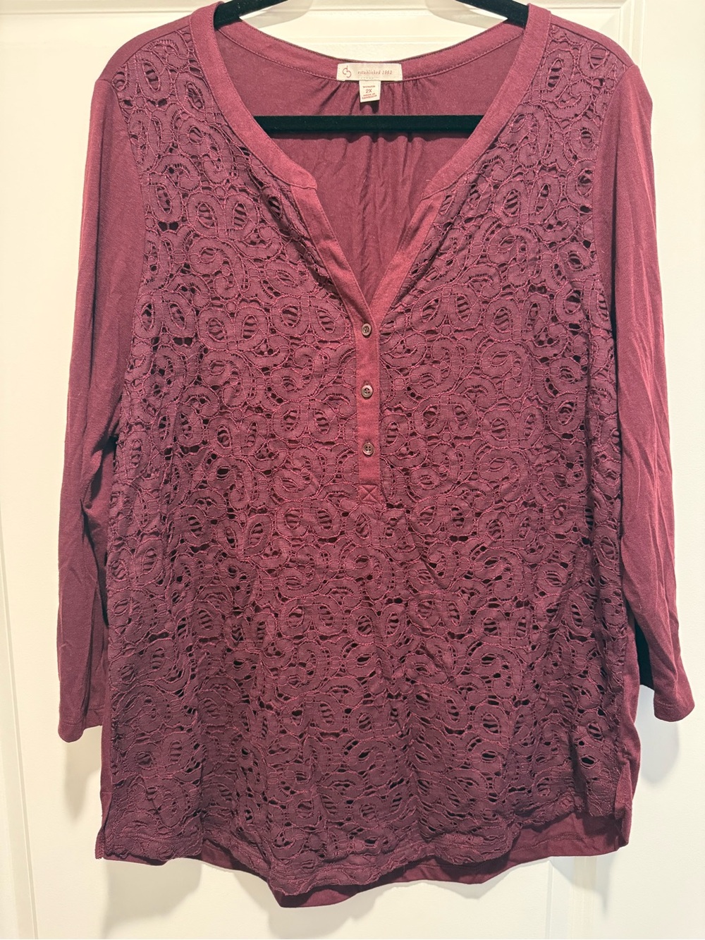 Lace Front Button Henley Top in Burgundy